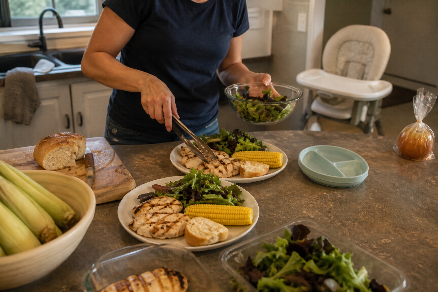 An adult portions grilled chicken, corn, salad, and bread for a family meal while one unopened seasonal treat sits at the edge of the kitchen counter.