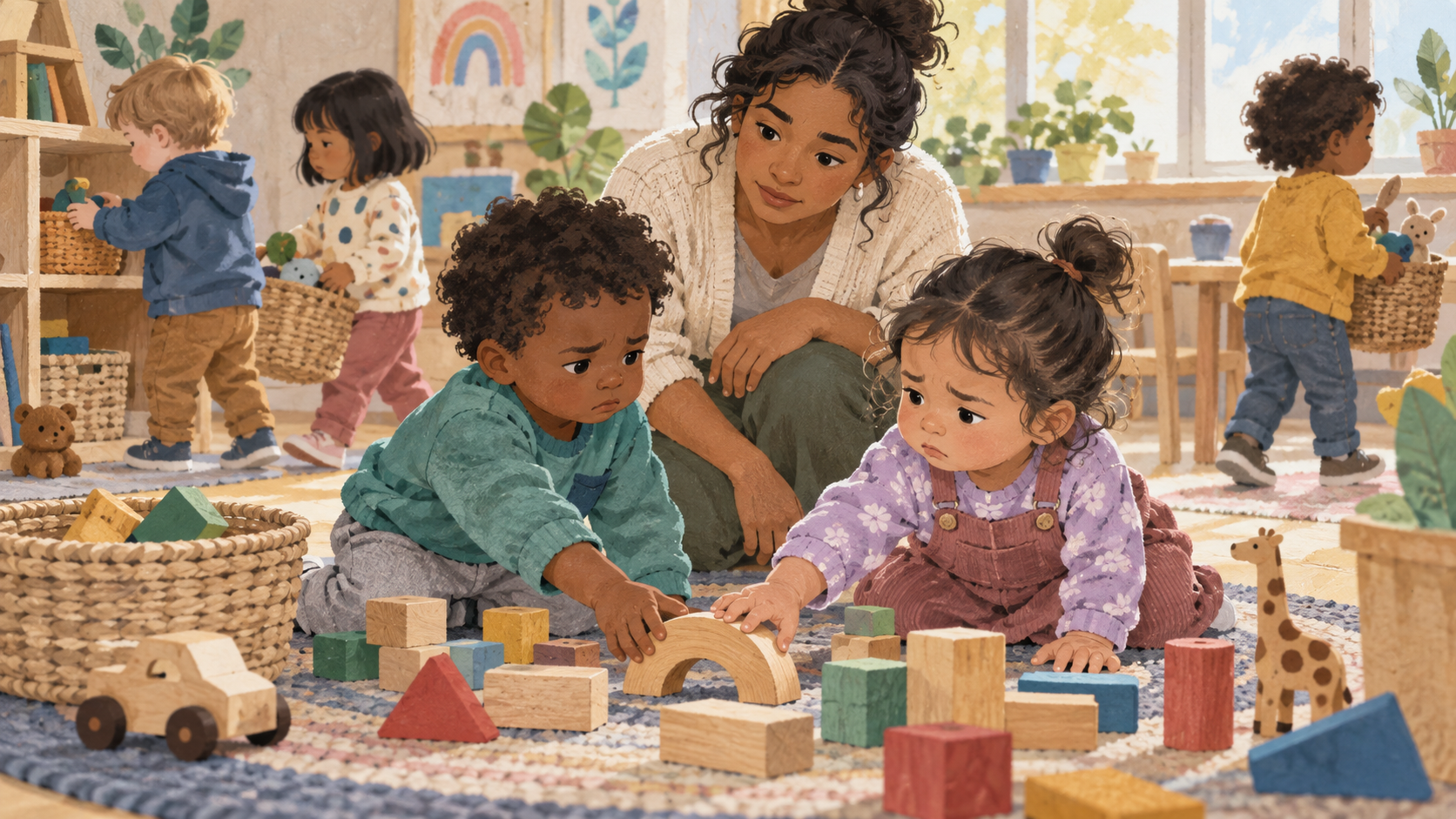 A daycare educator observes two toddlers reaching for the same toy in a busy block area during a classroom transition.