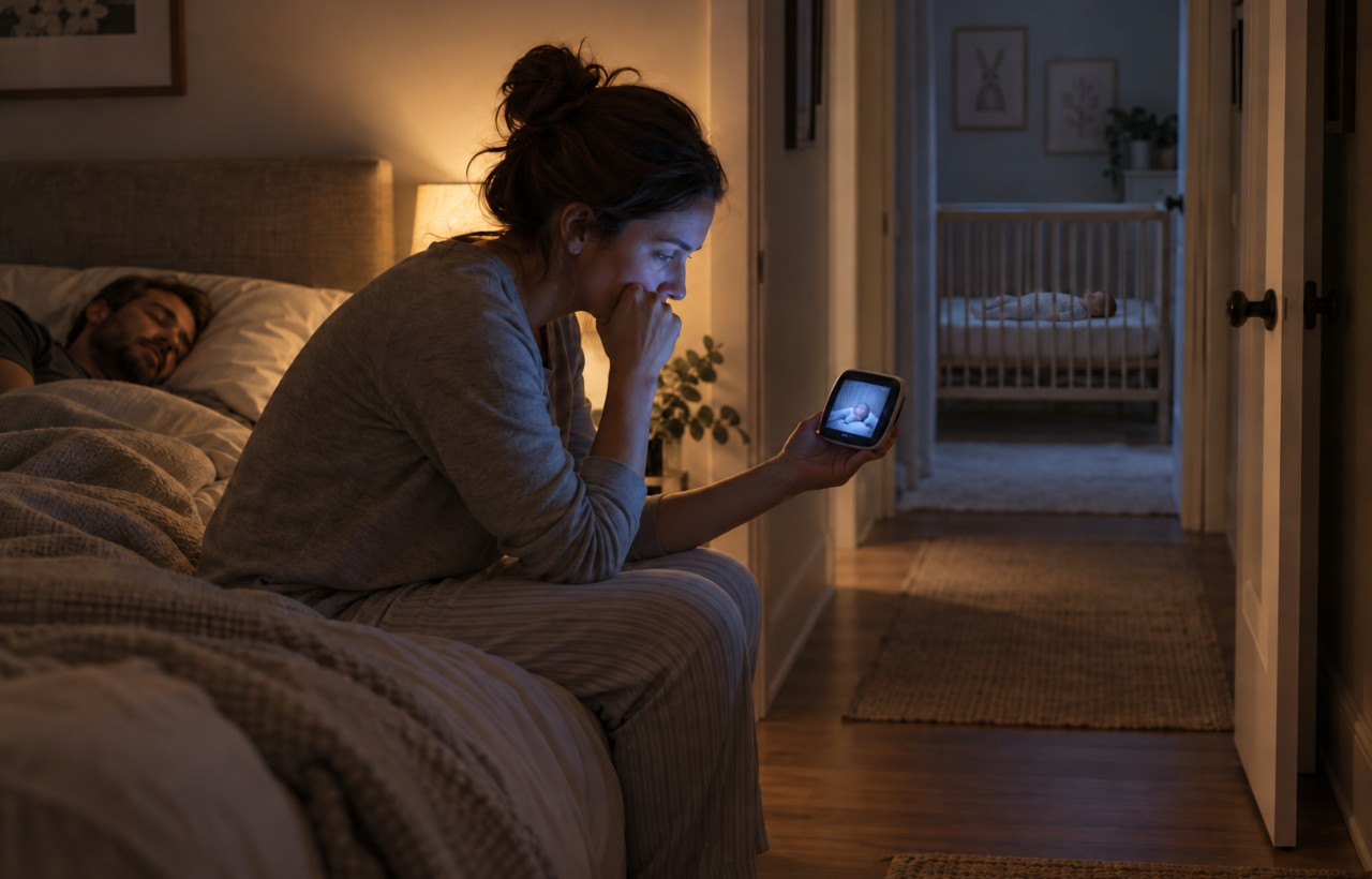 A tired parent watches a glowing baby monitor at night while a baby sleeps on their back in a bare crib in the next room.