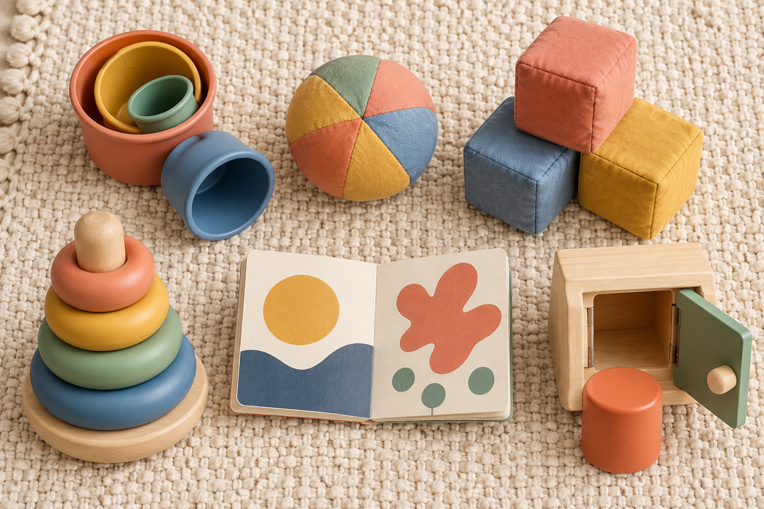 Six types of baby toys arranged on a rug, including nesting cups, a soft ball, fabric blocks, a ring stacker, a board book, and a cause-and-effect box.