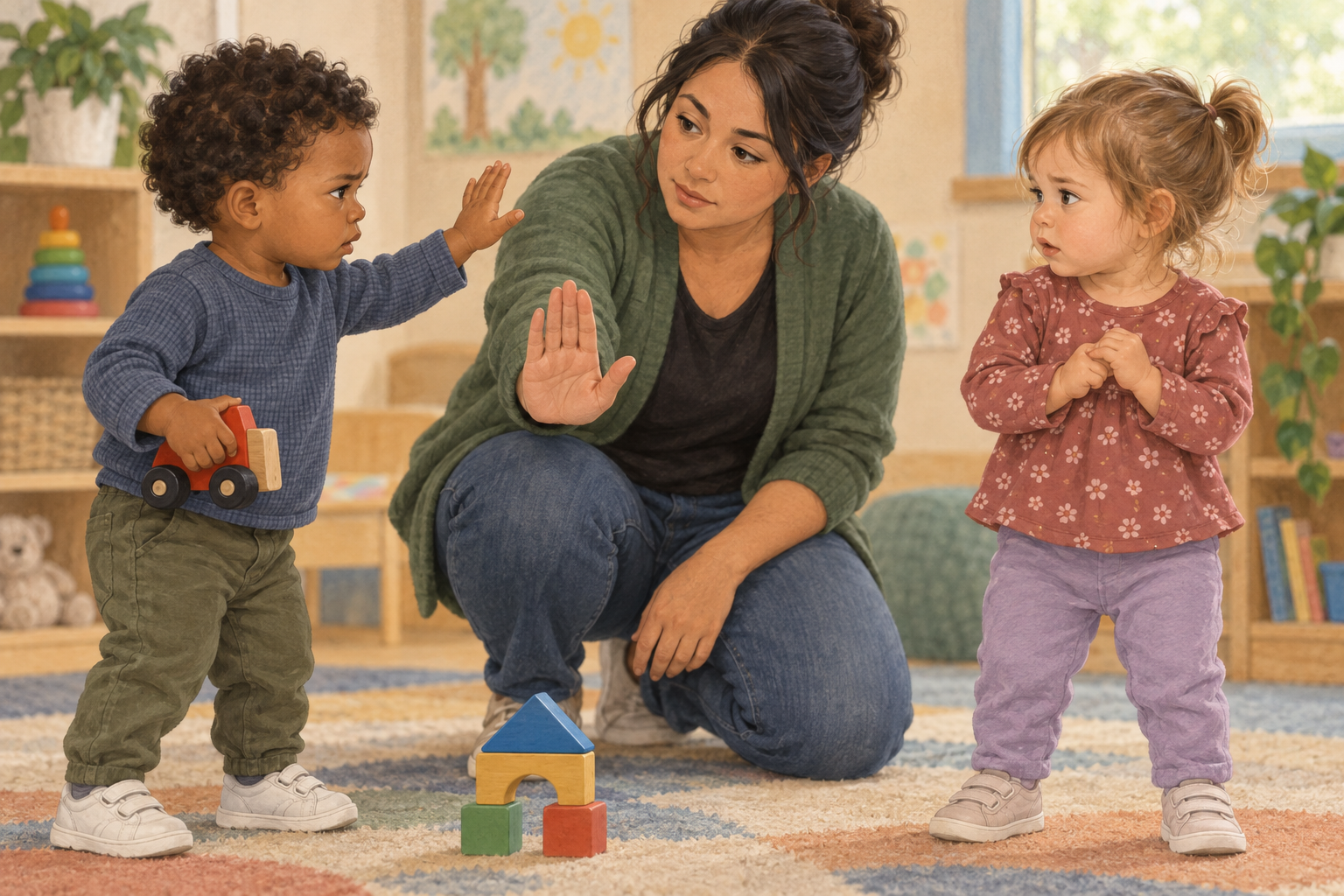 A kneeling daycare educator calmly places an open hand between two toddlers before a raised hand makes contact.