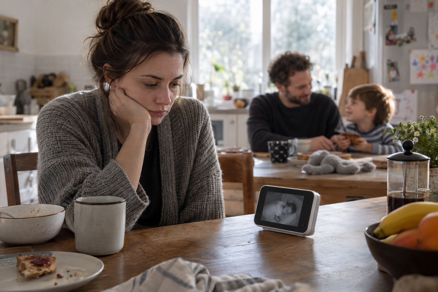 A parent focuses on a baby monitor at the breakfast table while their partner and older child interact in the background.