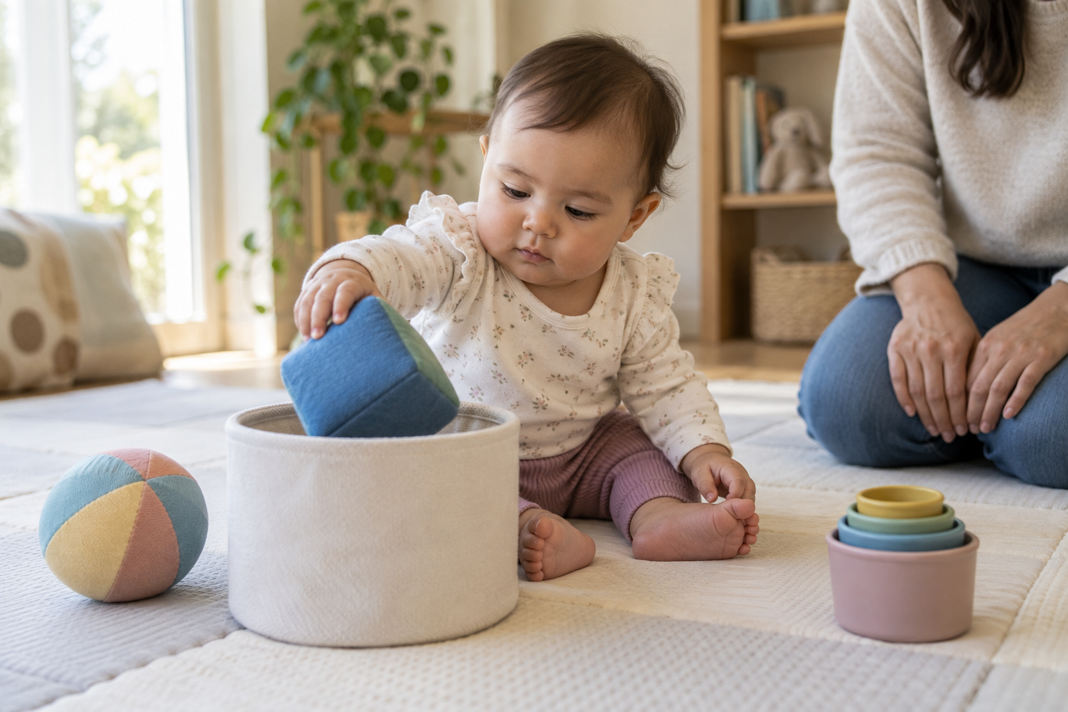 A seated 10-month-old reaches to place a large fabric block in a container while other simple toys rest nearby.
