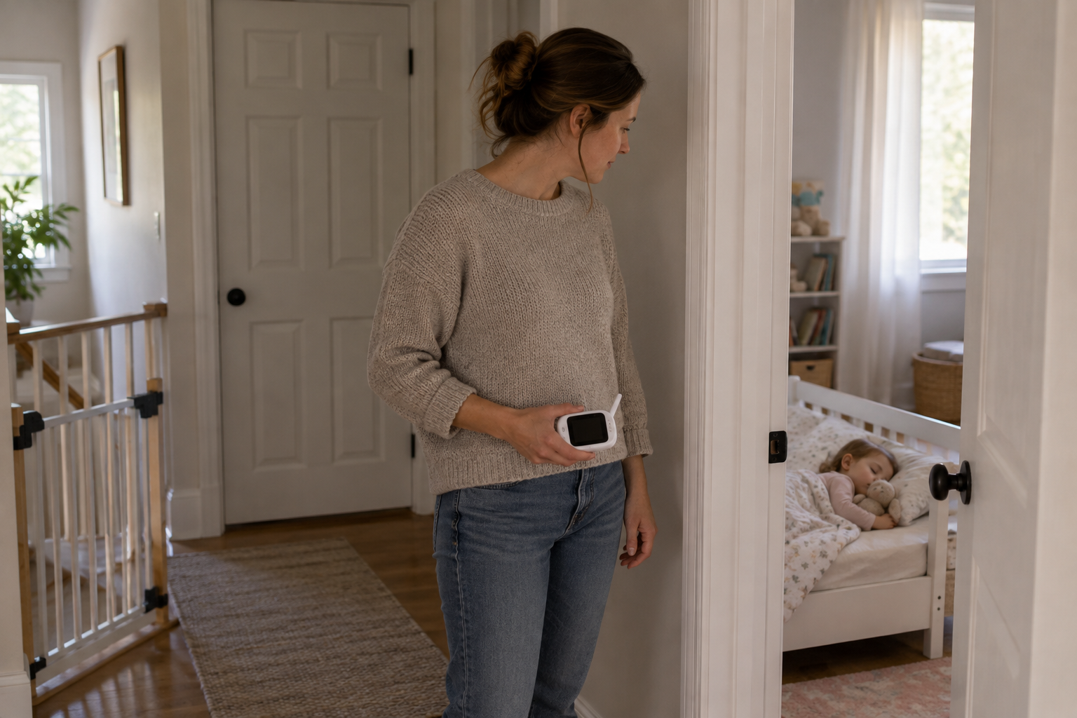 A caregiver holds a dark baby monitor in the hallway while checking on a sleeping toddler through an open doorway.