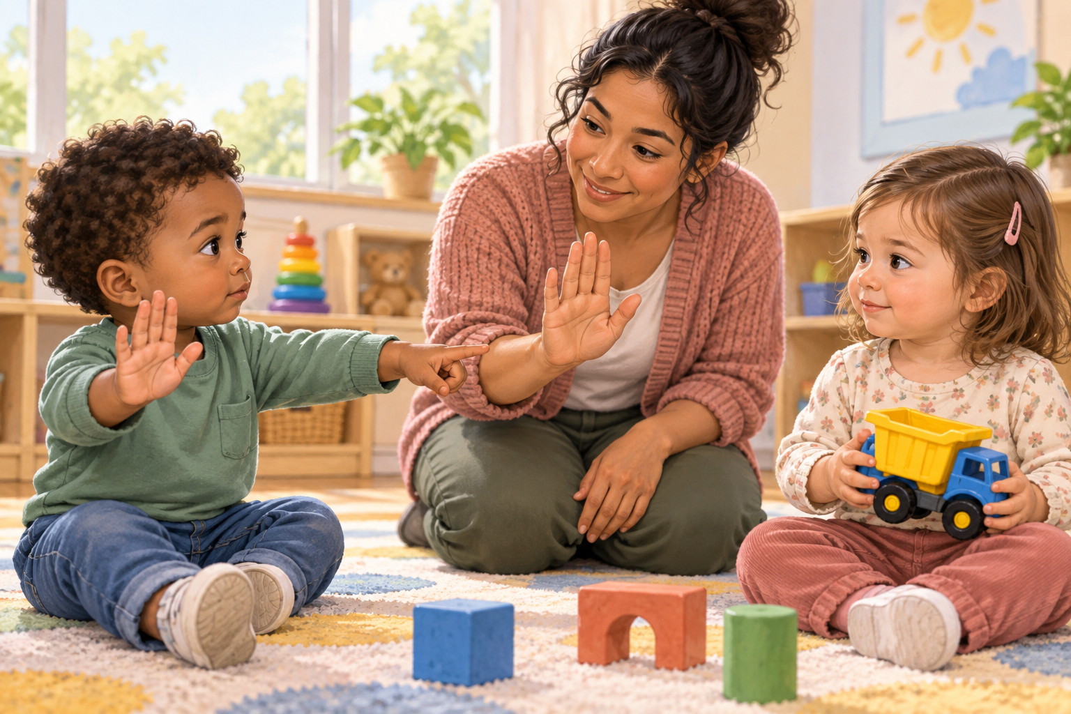 A toddler uses an open-palm pause gesture while a daycare educator models the same action beside another child with a toy.