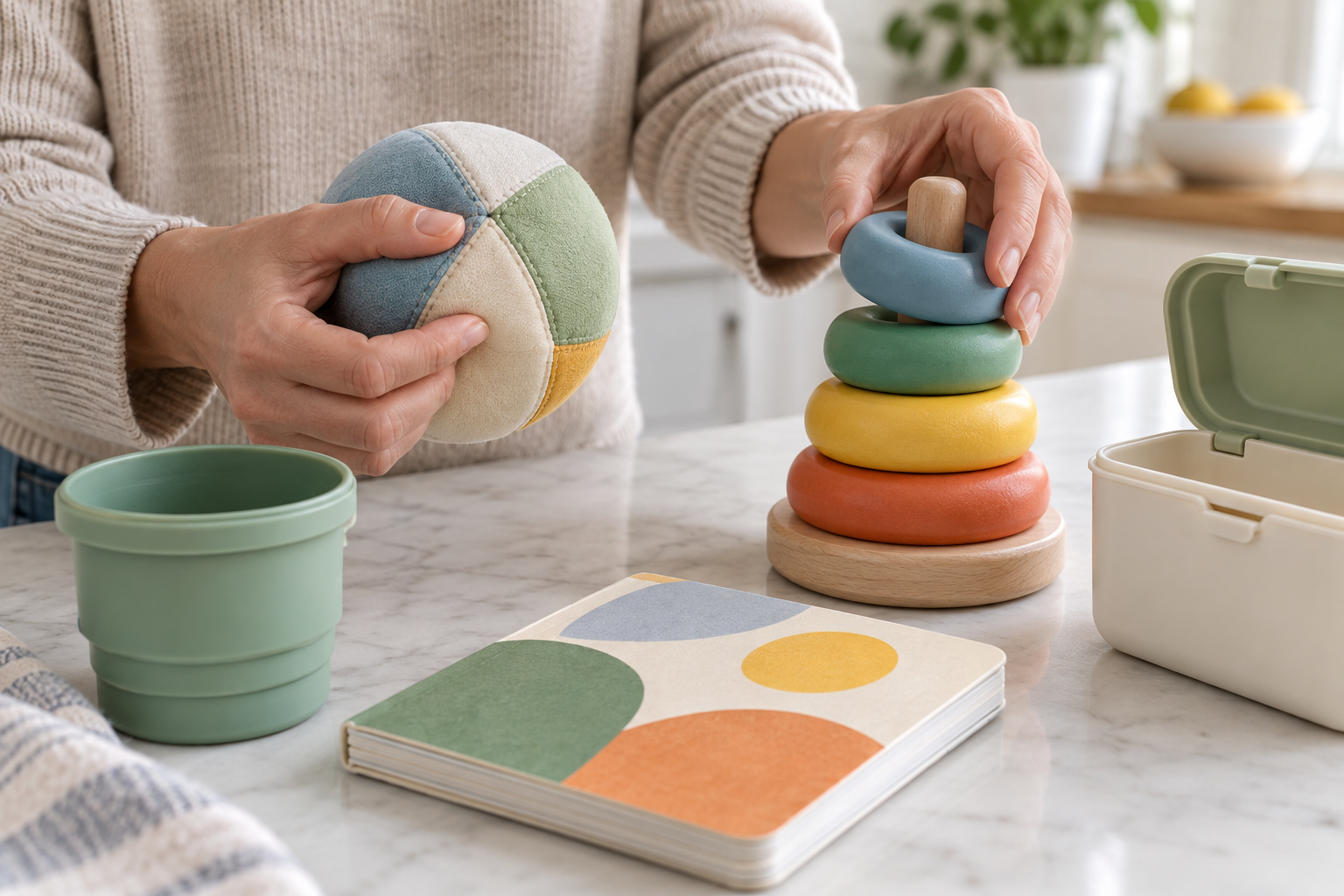 A caregiver checks the seams, attachments, rounded edges, and condition of several large infant toys before play.