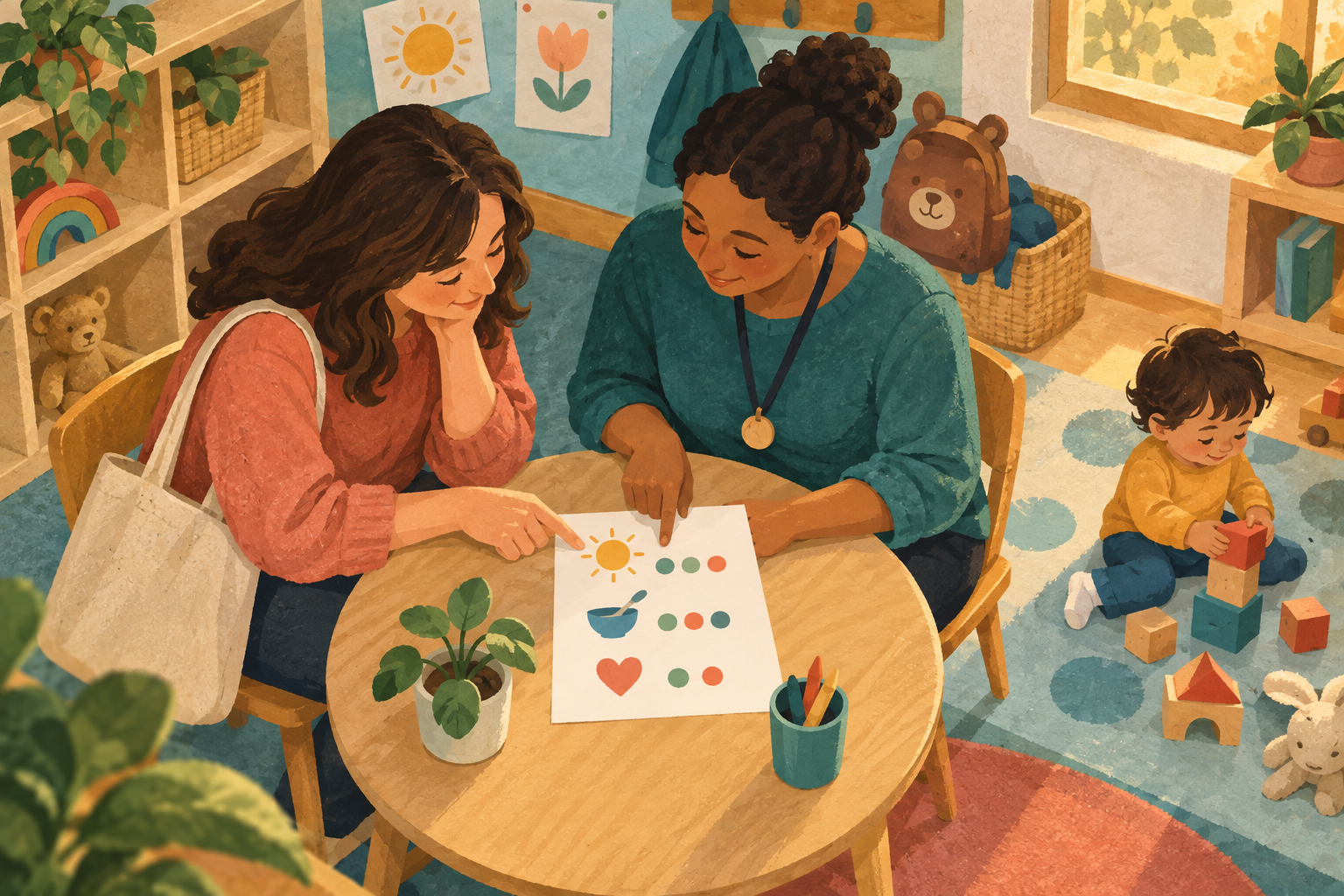 A parent and daycare educator review a simple picture-based observation sheet while a toddler plays with blocks nearby.