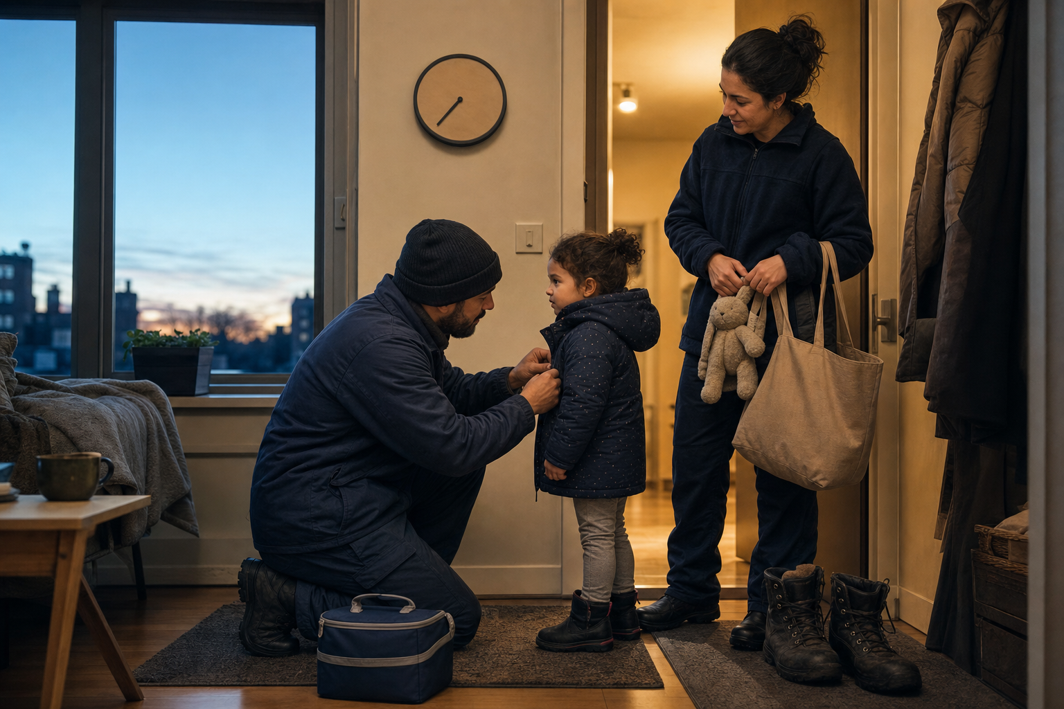 A parent preparing for an early work shift helps a preschooler put on a coat while another caregiver waits nearby.