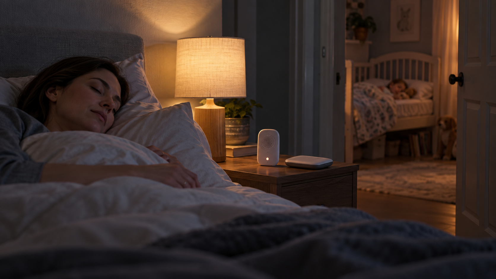 An audio monitor remains on beside a face-down video screen as a parent sleeps with the child's doorway open nearby.