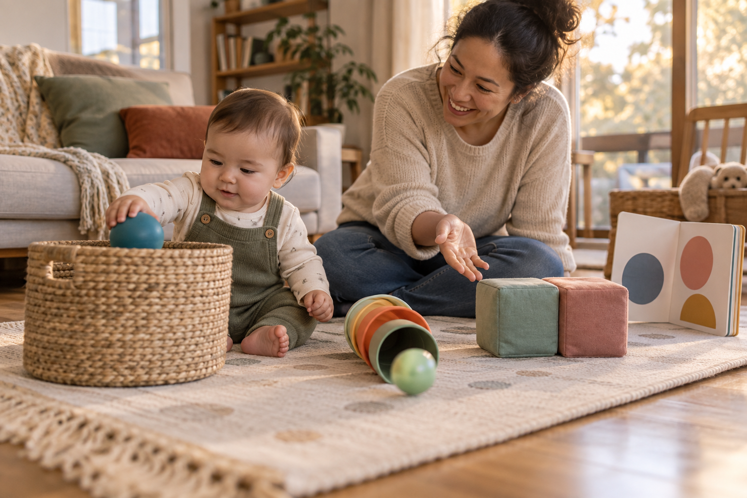 A baby and caregiver reuse a ball, nesting cups, fabric blocks, a basket, and a board book for several kinds of floor play.