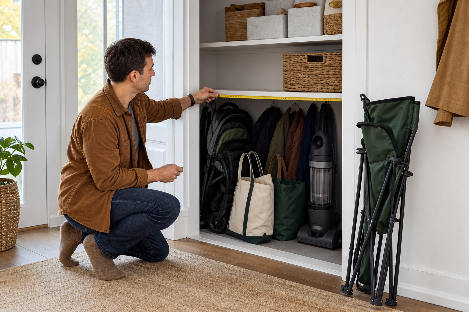 A parent measures a folded camping chair beside a nearly full entry closet containing a stroller, coats, bags, and a vacuum.