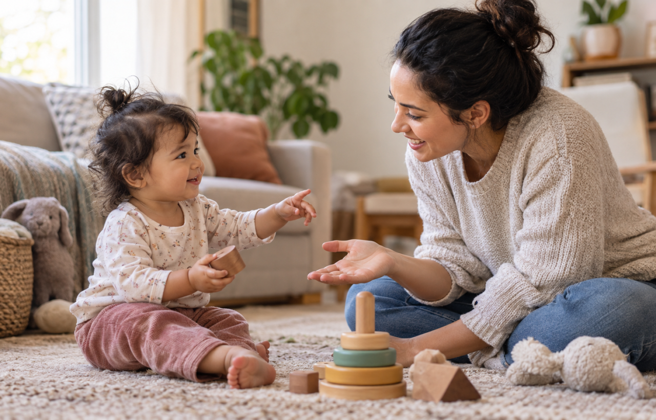 A parent watches a toddler communicate with gestures while they play together on a living-room rug.