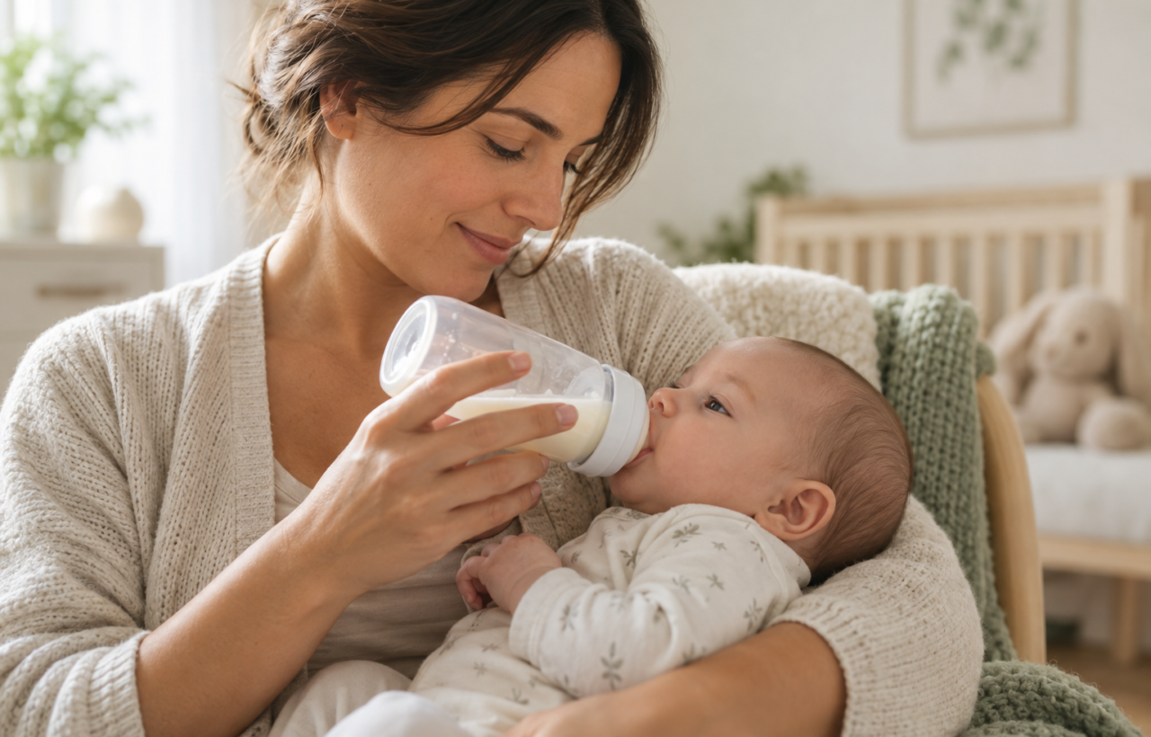 A caregiver holds an infant semi-upright and offers a bottle while watching the baby's feeding cues.