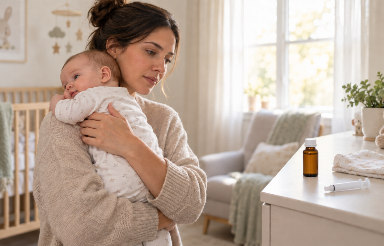 A caregiver holds a baby upright after feeding near an unbranded medicine bottle and a needle-free oral syringe.