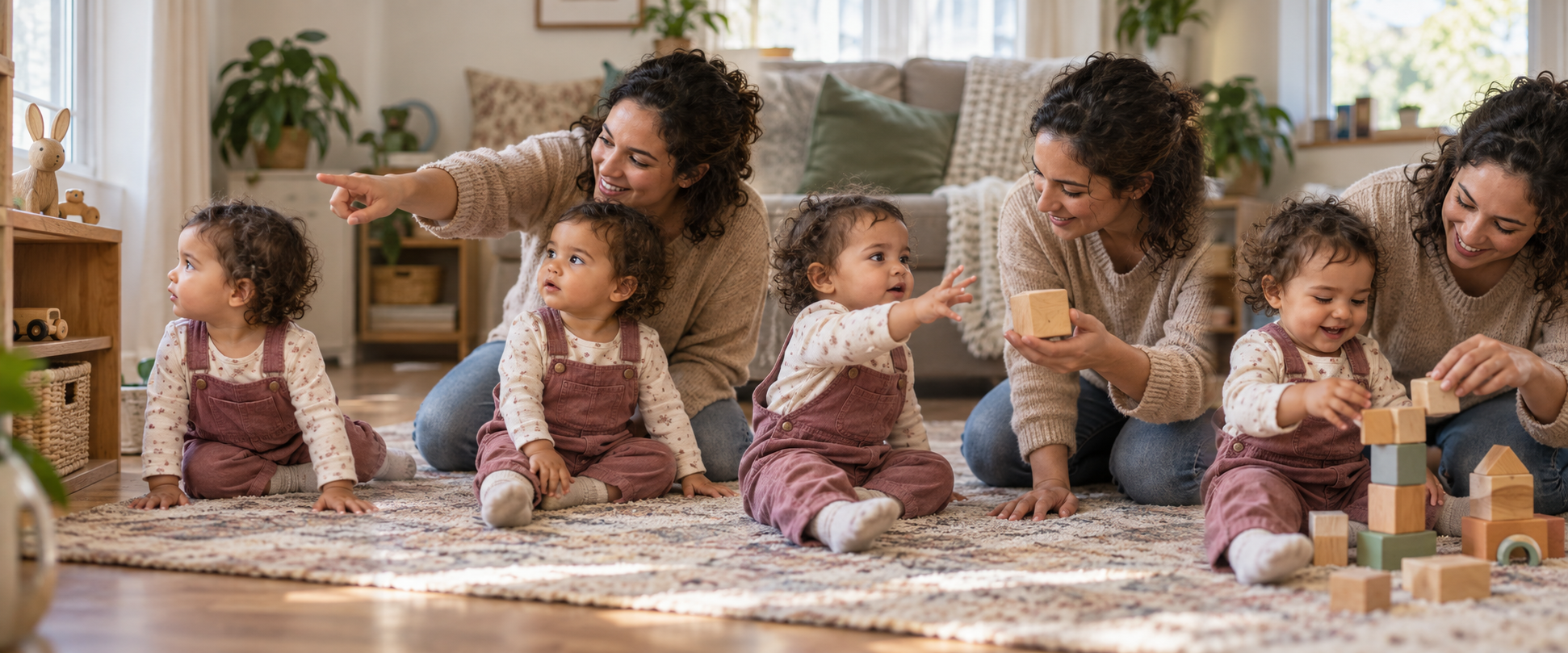 A toddler uses eye contact, reaching, and shared attention with a caregiver during several play activities.