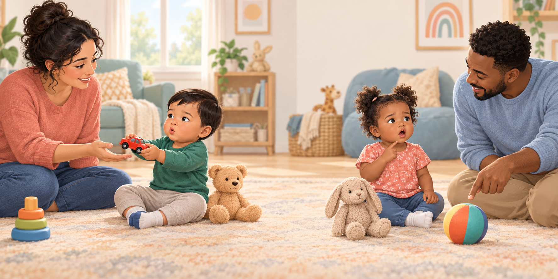 Two caregiver-toddler interactions illustrate differences between producing speech and understanding or using language.