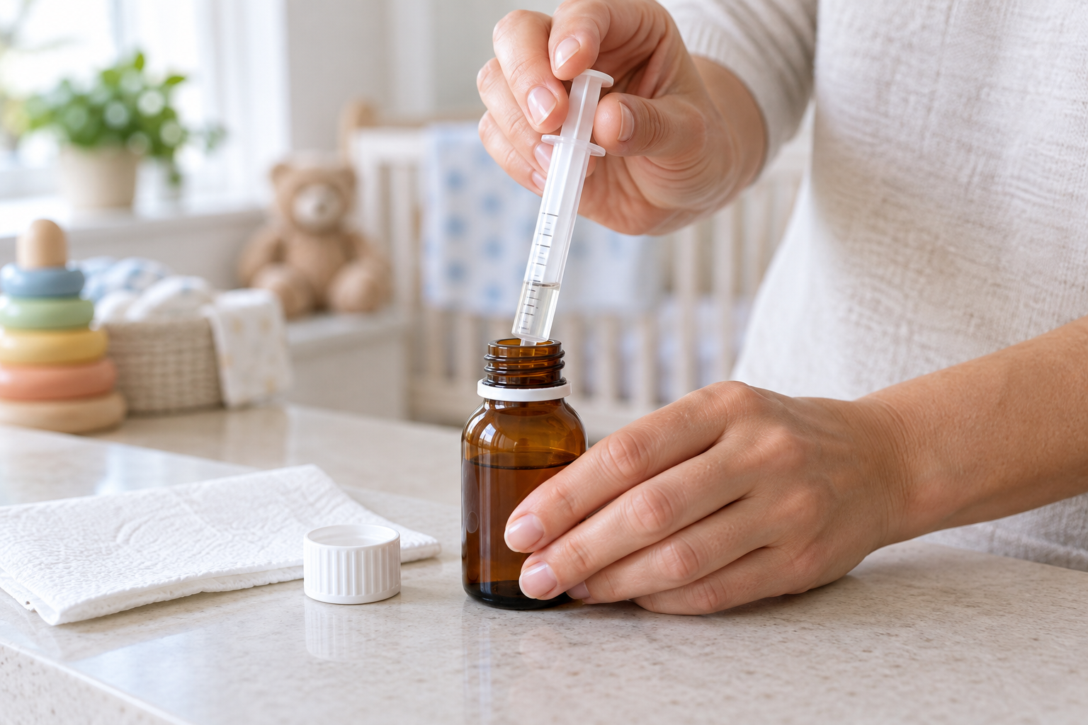 Adult hands measure clear liquid from an unbranded bottle with a needle-free oral dosing syringe.