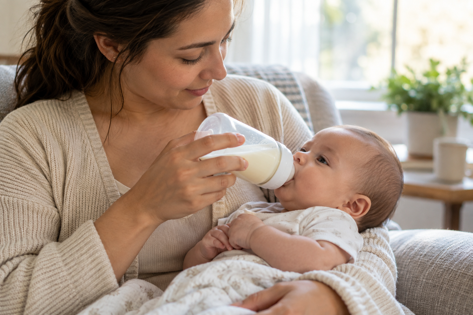 An infant feeds calmly from a bottle while supported upright in a caregiver's arms.