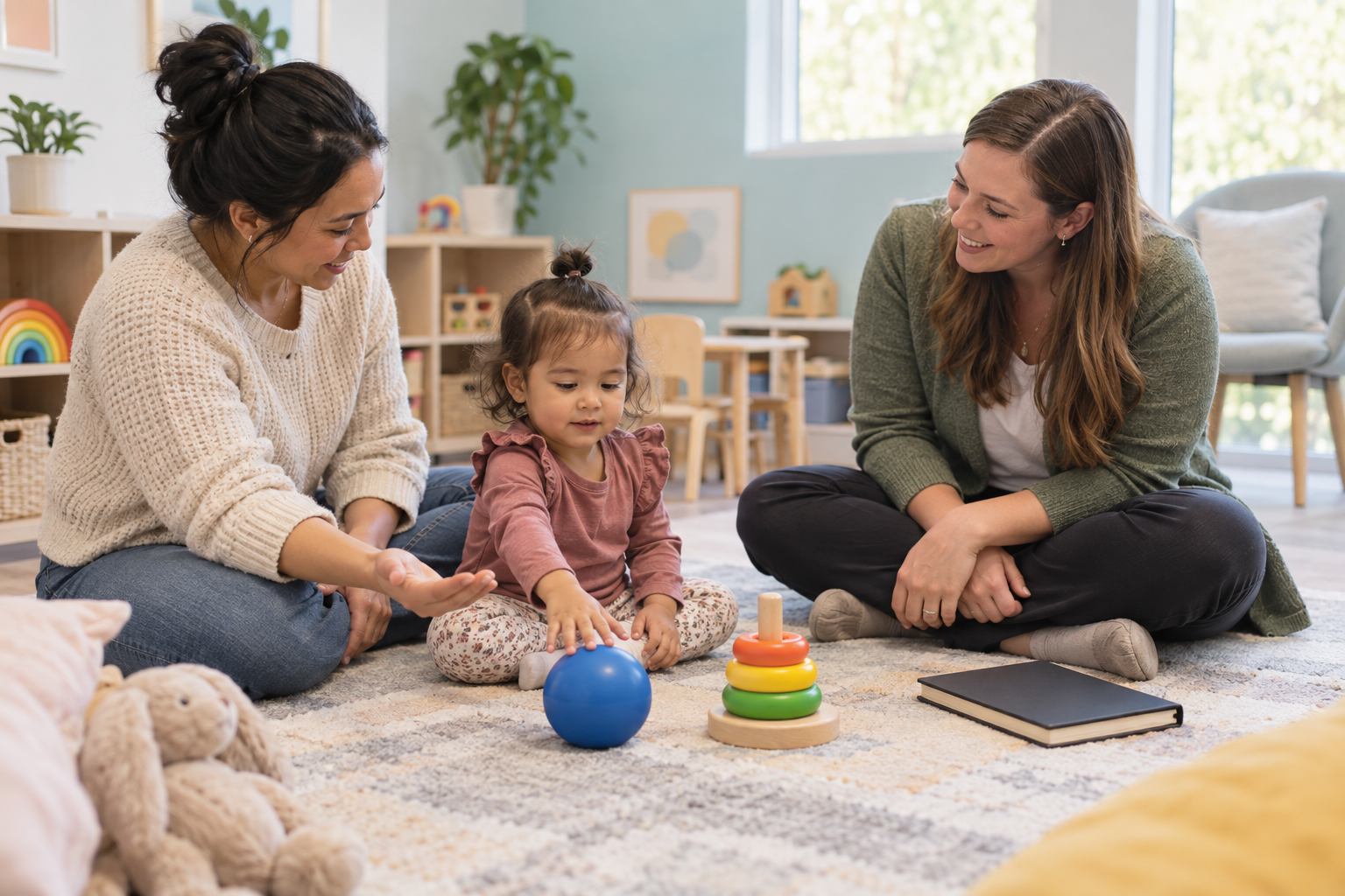 A speech-language professional observes a toddler playing while the child's parent shares examples during an assessment.