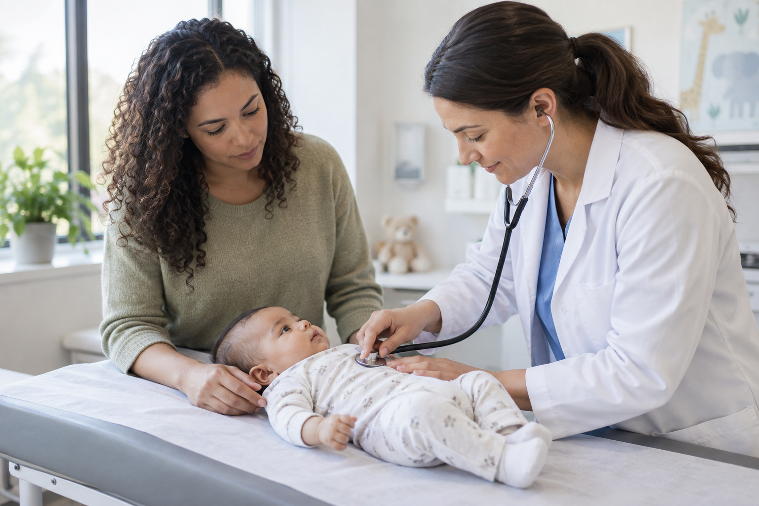 A pediatric clinician examines an infant with a stethoscope while the caregiver watches nearby.