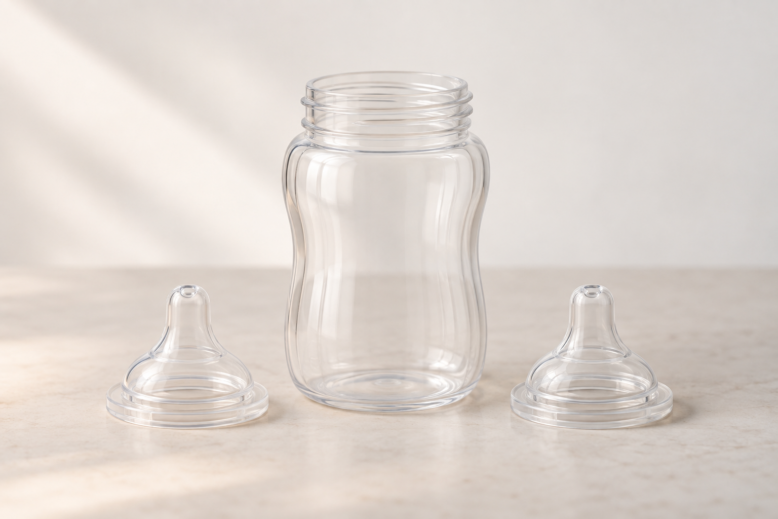 One unbranded baby bottle sits beside two similar silicone nipples with subtly different openings.