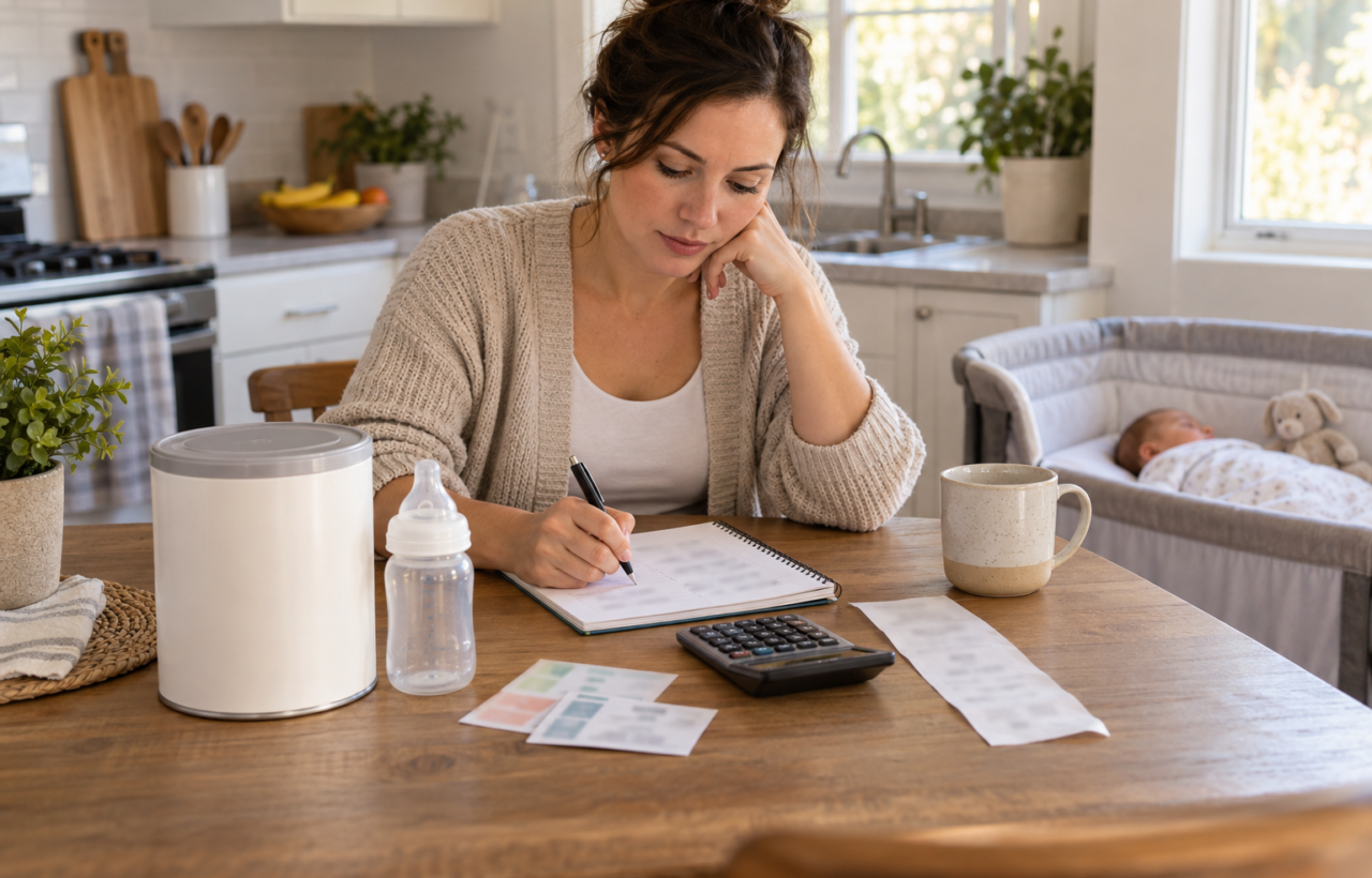 Caregiver reviewing a household budget beside a sealed generic formula container and a clean baby bottle while an infant rests in a bassinet.