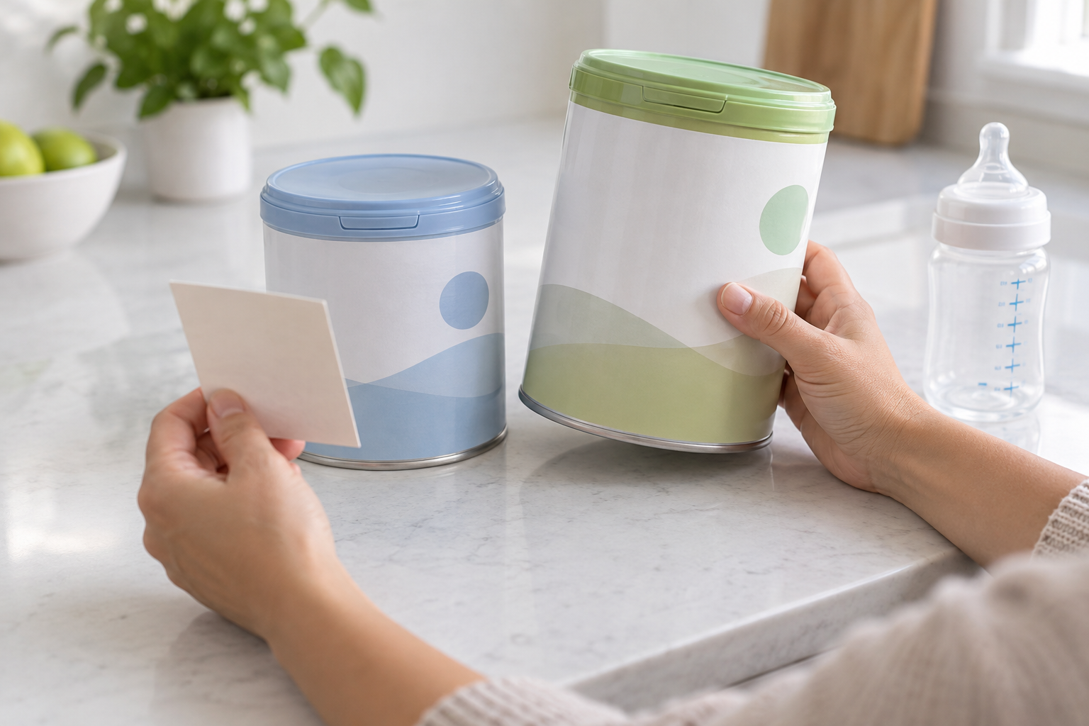 Caregiver comparing two sealed generic infant formula containers with similar packaging before choosing the correct product.