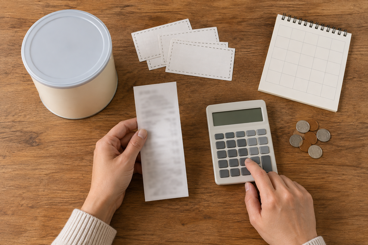 Hands using a calculator beside a sealed generic formula container, blank coupons, a blurred receipt, coins, and a calendar.