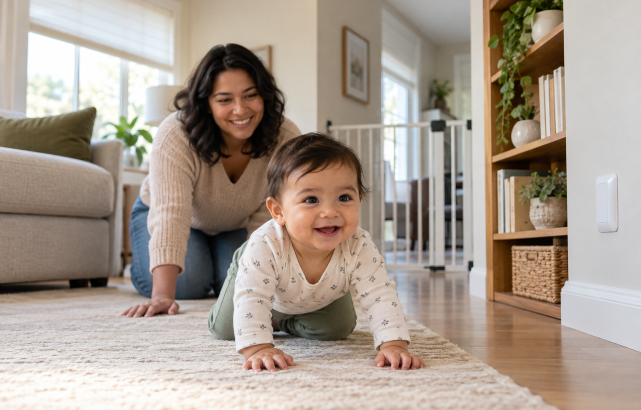 A baby crawls through a tidy baby-proofed living room while a parent watches nearby.