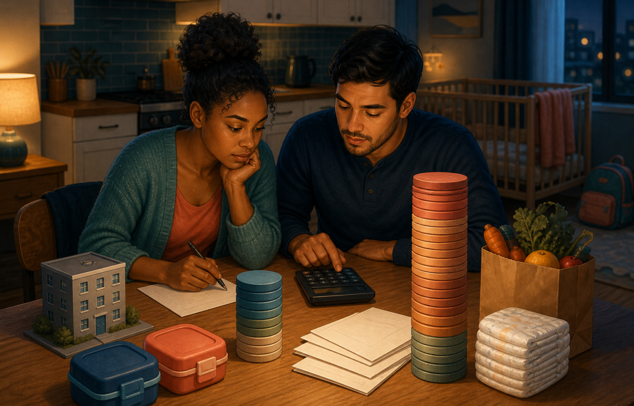 Two parents compare household expenses at a kitchen table, with childcare items beside a larger stack of budget tokens than the model apartment.