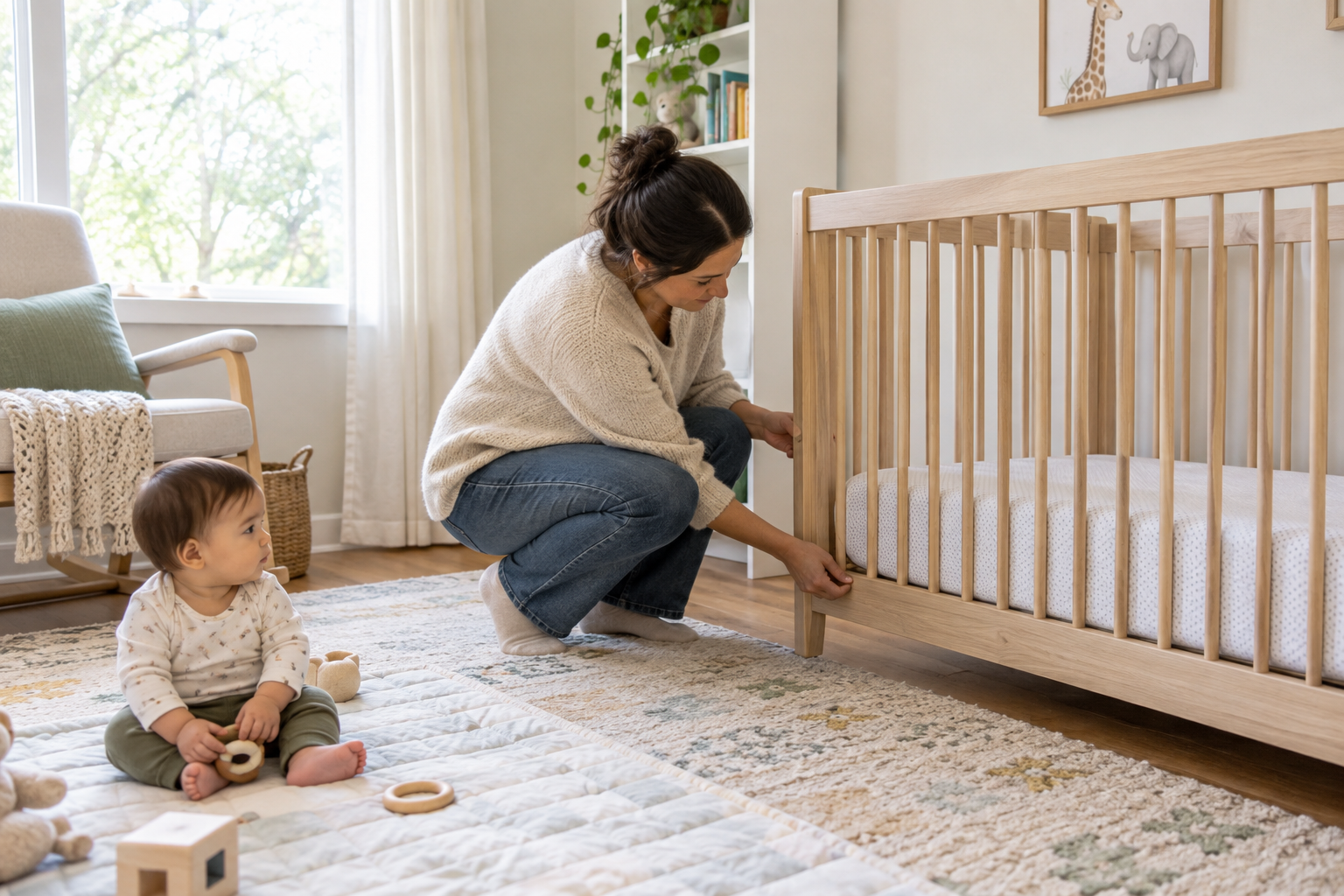 A caregiver lowers an empty crib mattress while a baby sits on a nearby play mat.