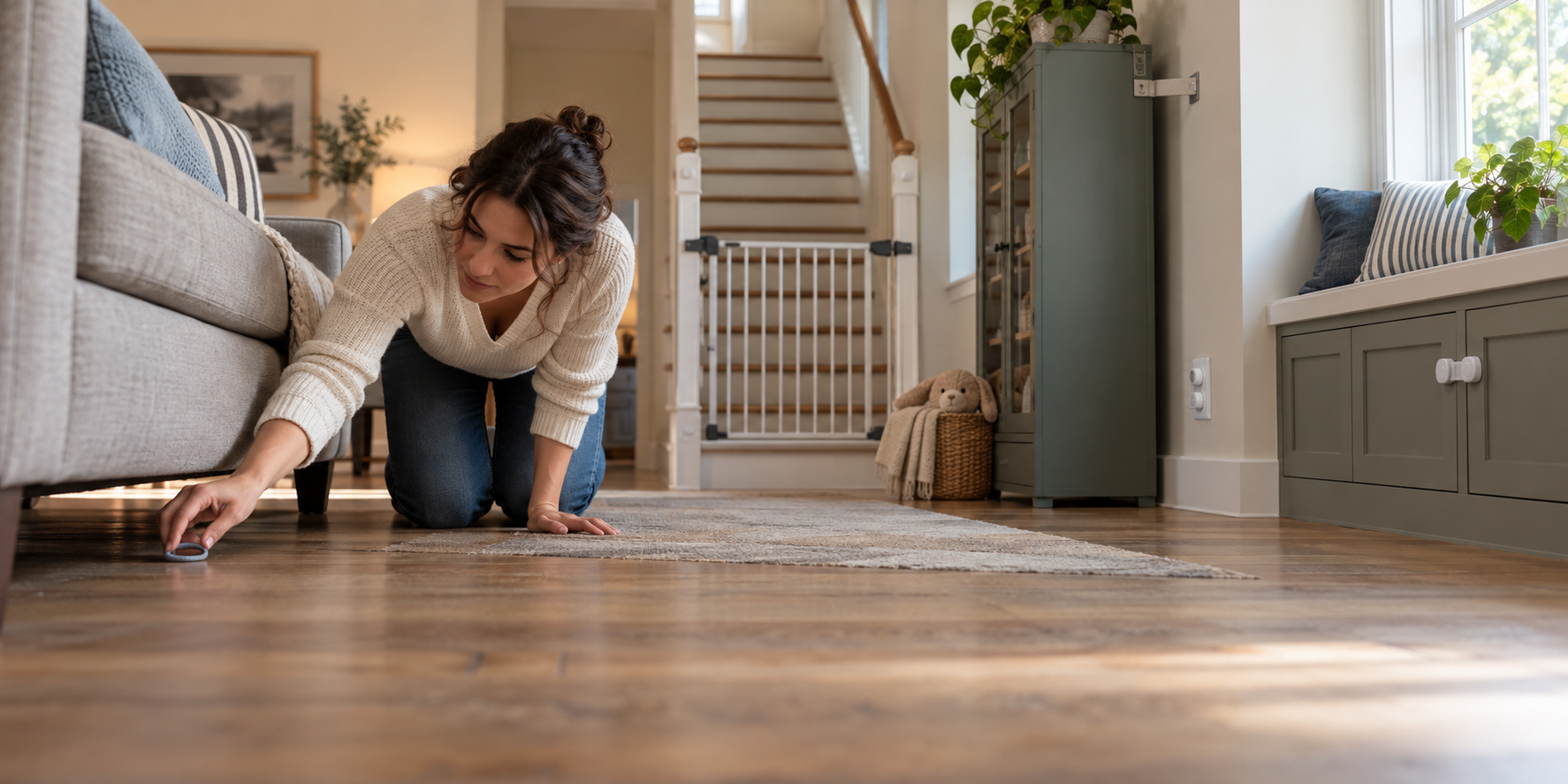 A caregiver checks a baby's floor-level route near a stair gate, secured furniture, and covered outlets.