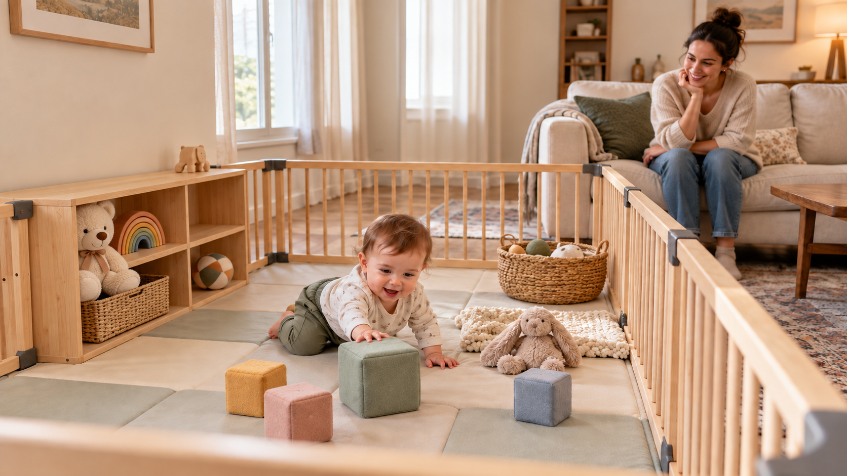 A baby plays with large toys in a clear, contained play area while a parent supervises nearby.