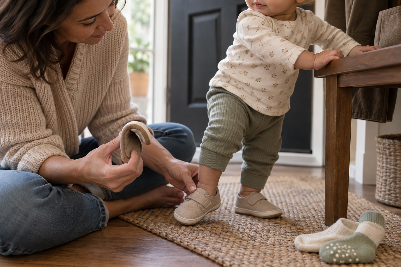 A caregiver fits flexible first shoes on a baby who is standing with support.
