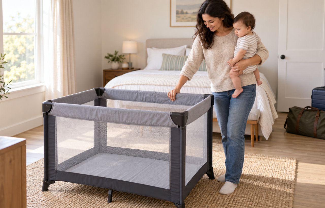A caregiver holding a baby checks the locked rail of an empty portable play yard in a bright guest room.