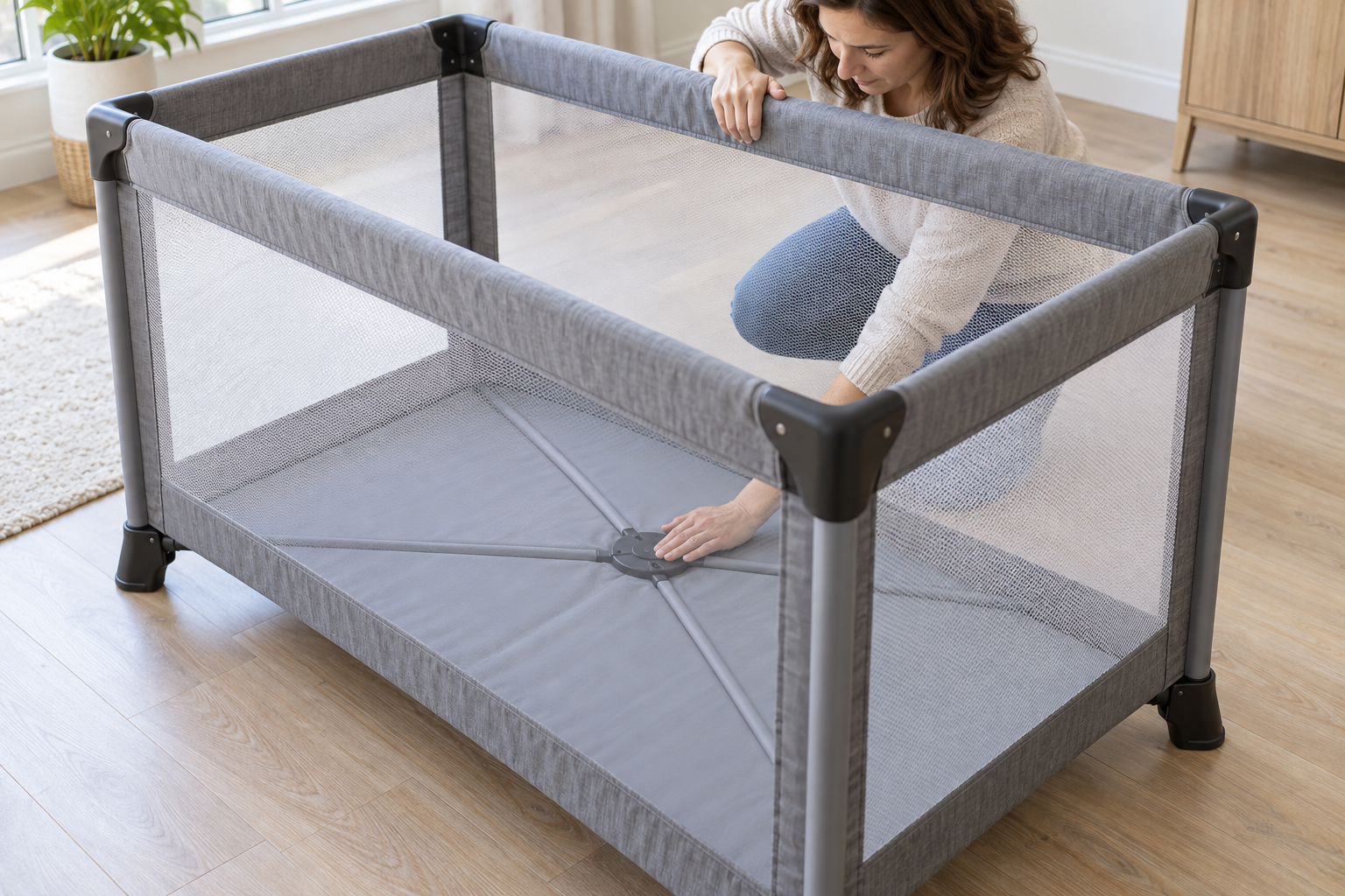 An adult checks the rigid upper rail and opened base of an empty portable play yard.