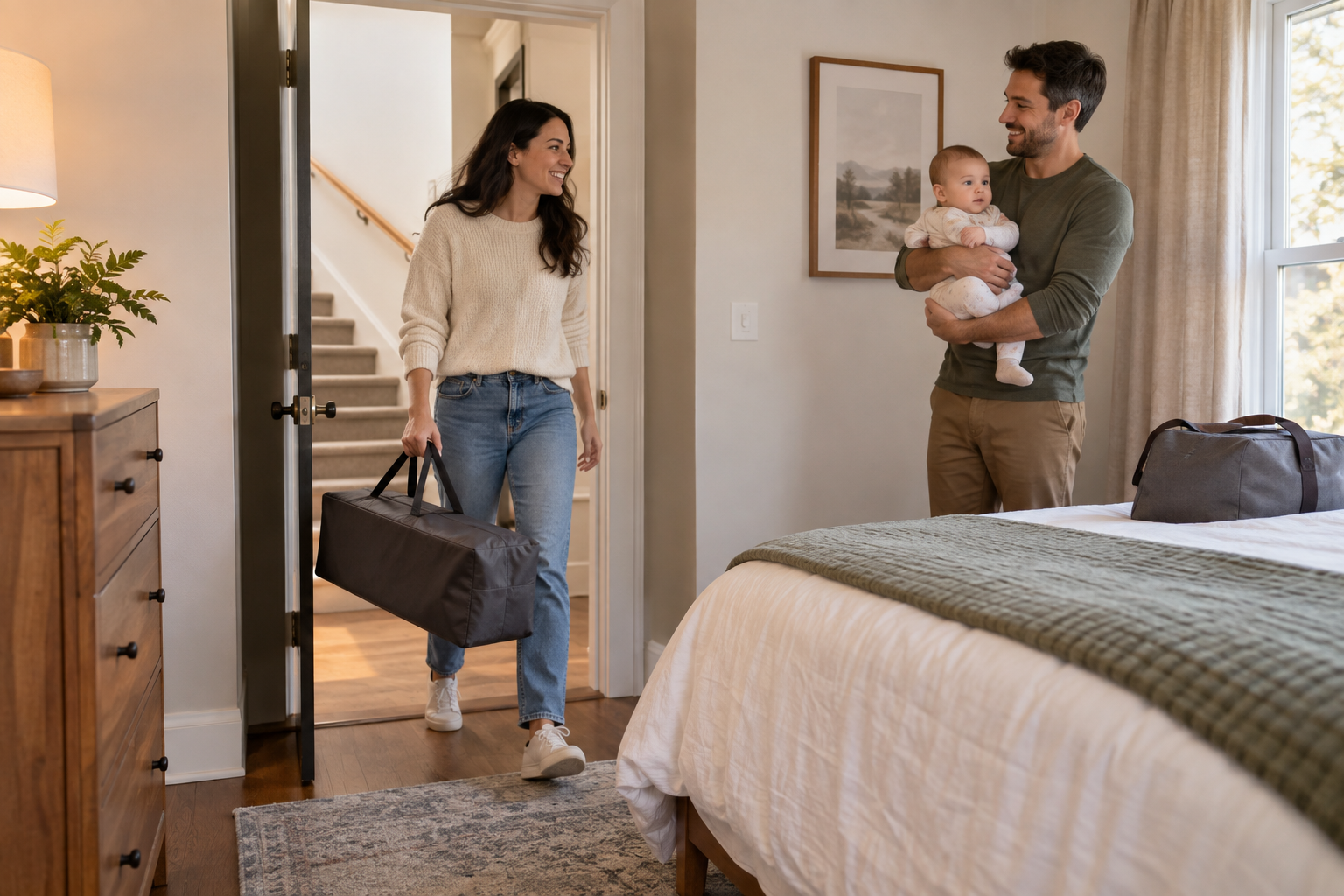 A caregiver carries a folded portable play yard through a guest-room doorway while another adult holds the baby.