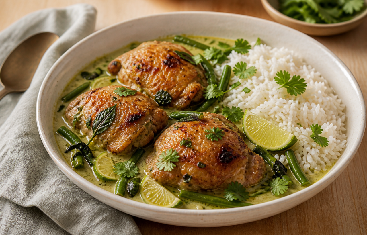 Golden roasted chicken thighs in green coconut curry sauce served with jasmine rice, coriander and lime.