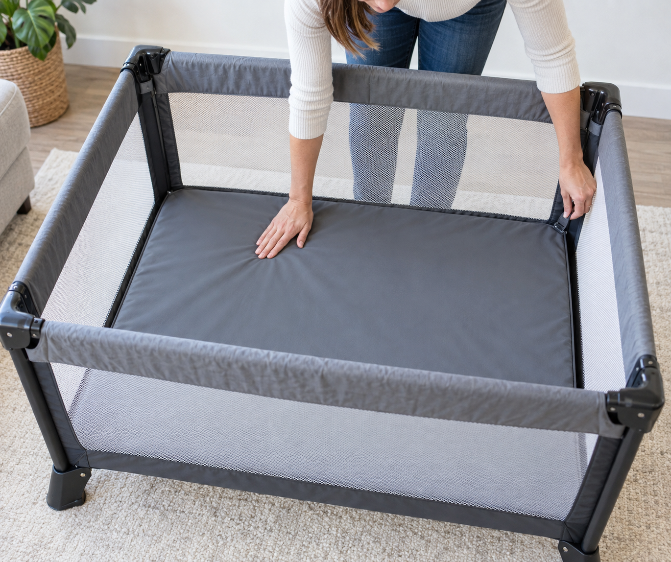 An adult secures the fitted floor pad and inspects the mesh of an empty portable play yard.