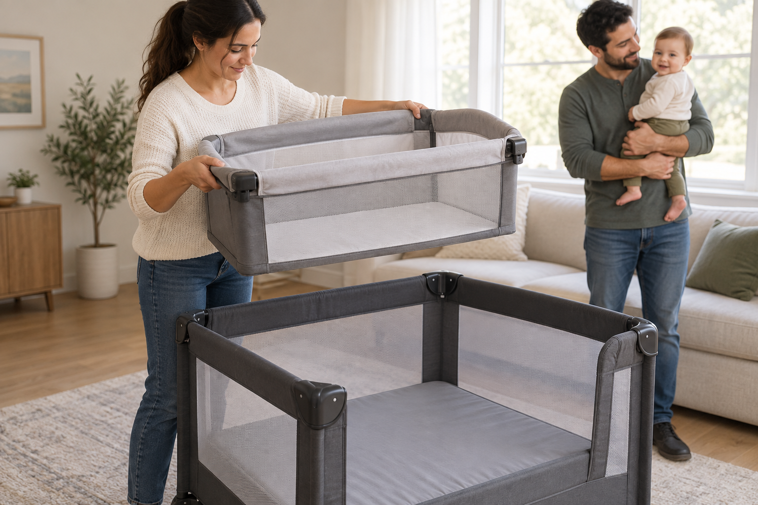 One caregiver removes an empty bassinet insert from a portable play yard while another holds the baby nearby.