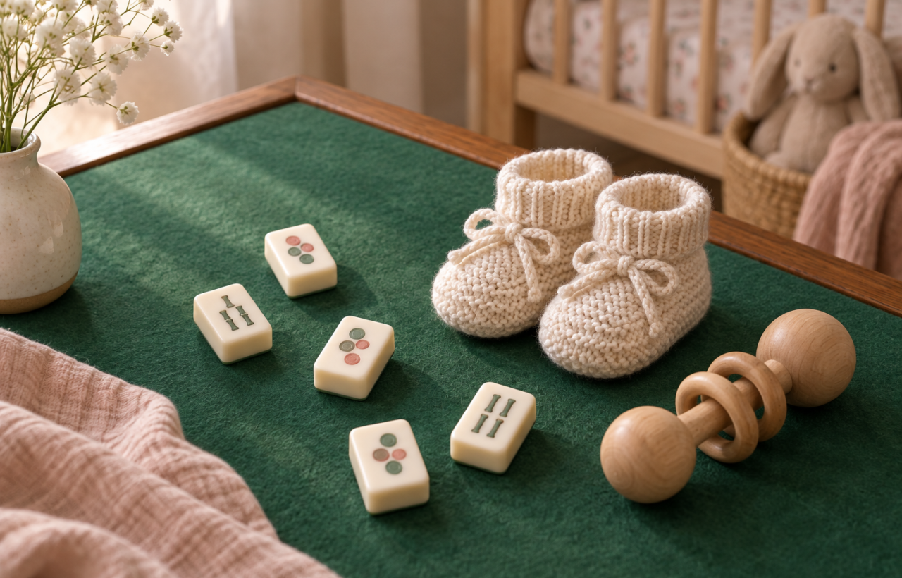 Ivory game tiles with abstract circle and bamboo motifs arranged beside knitted baby booties and a wooden rattle on green felt.