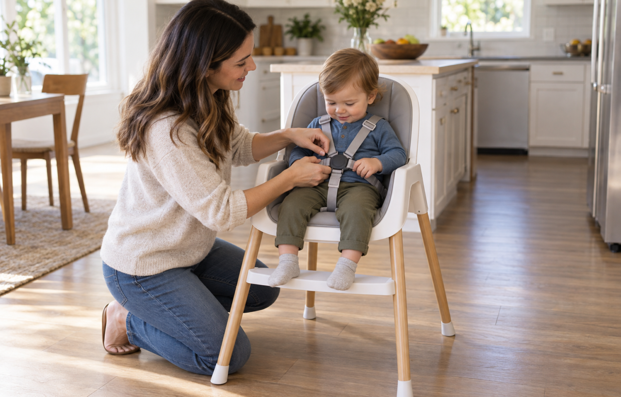 A caregiver fastens an upright toddler into a five-point restraint on a stable high chair in a bright kitchen.