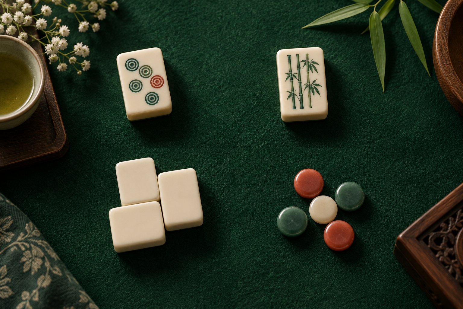 Four tabletop arrangements use circle motifs, bamboo-like strokes, interlocking tiles, and five counters to represent different naming ideas.