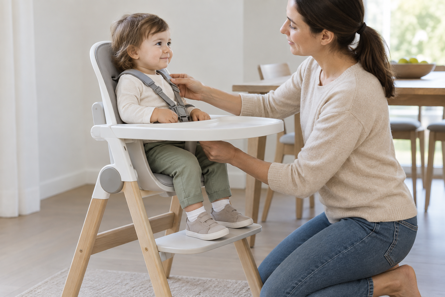 Side view of a caregiver checking a toddler's harness, seated posture, tray position, and foot support in an adjustable high chair.