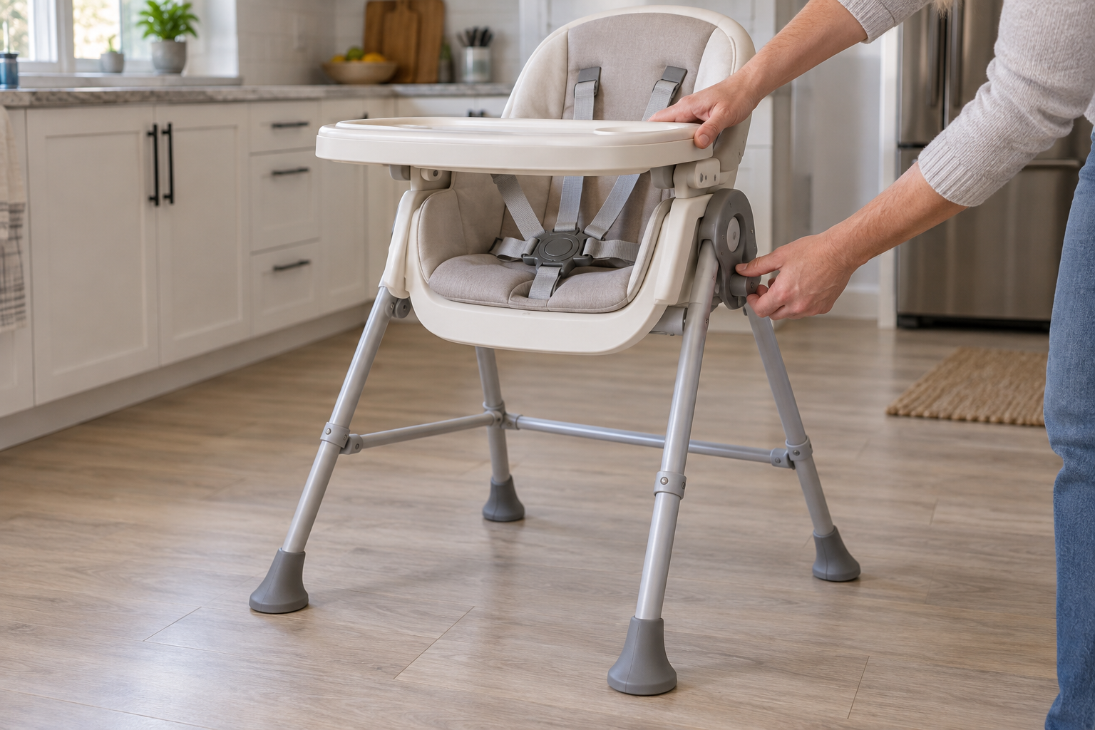 An adult checks a high chair's tray attachment and folding lock before use, with the harness and stable legs visible.
