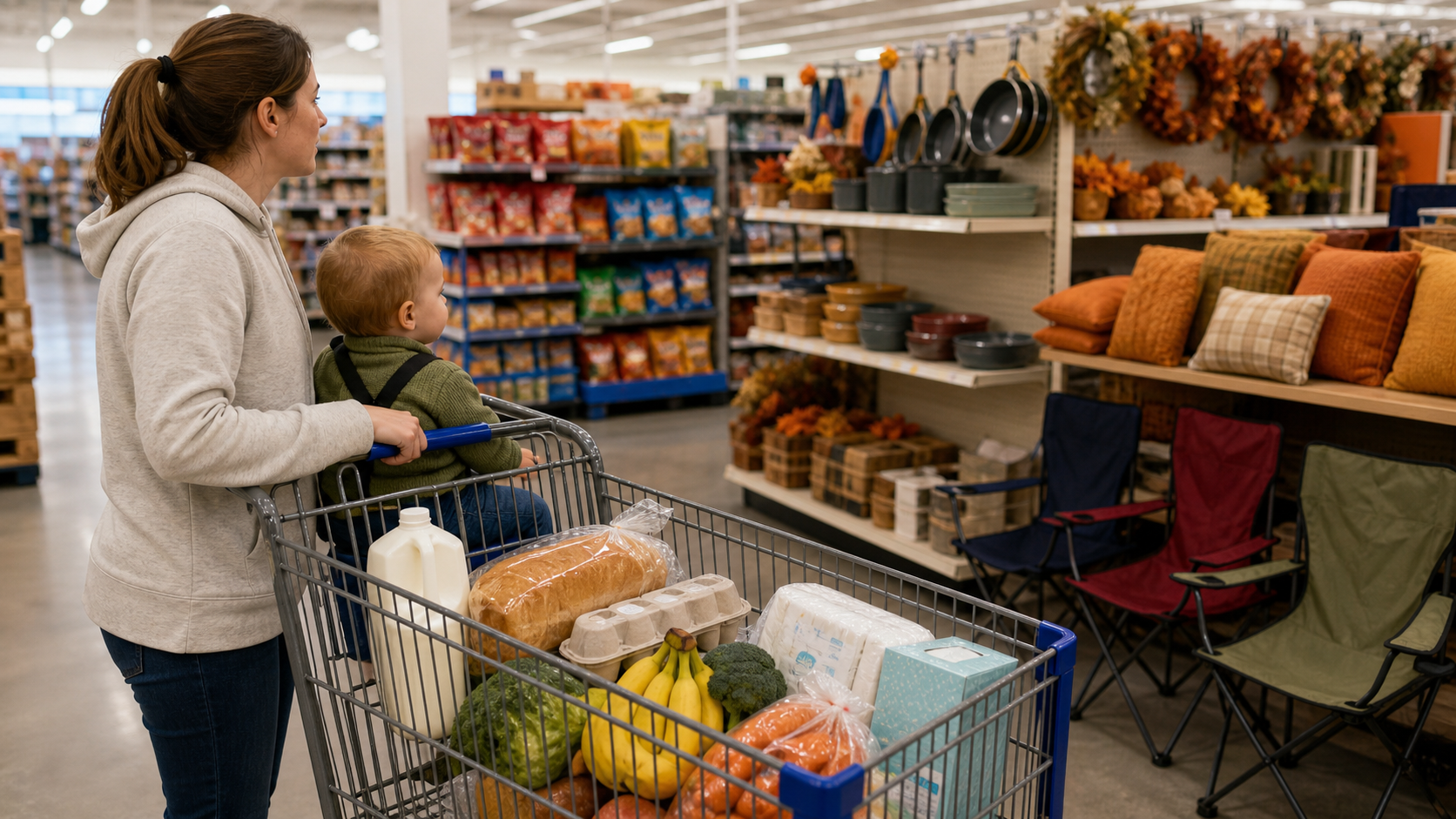 A parent and toddler pause beside a seasonal middle aisle after filling their grocery cart with food staples, diapers, and paper essentials.
