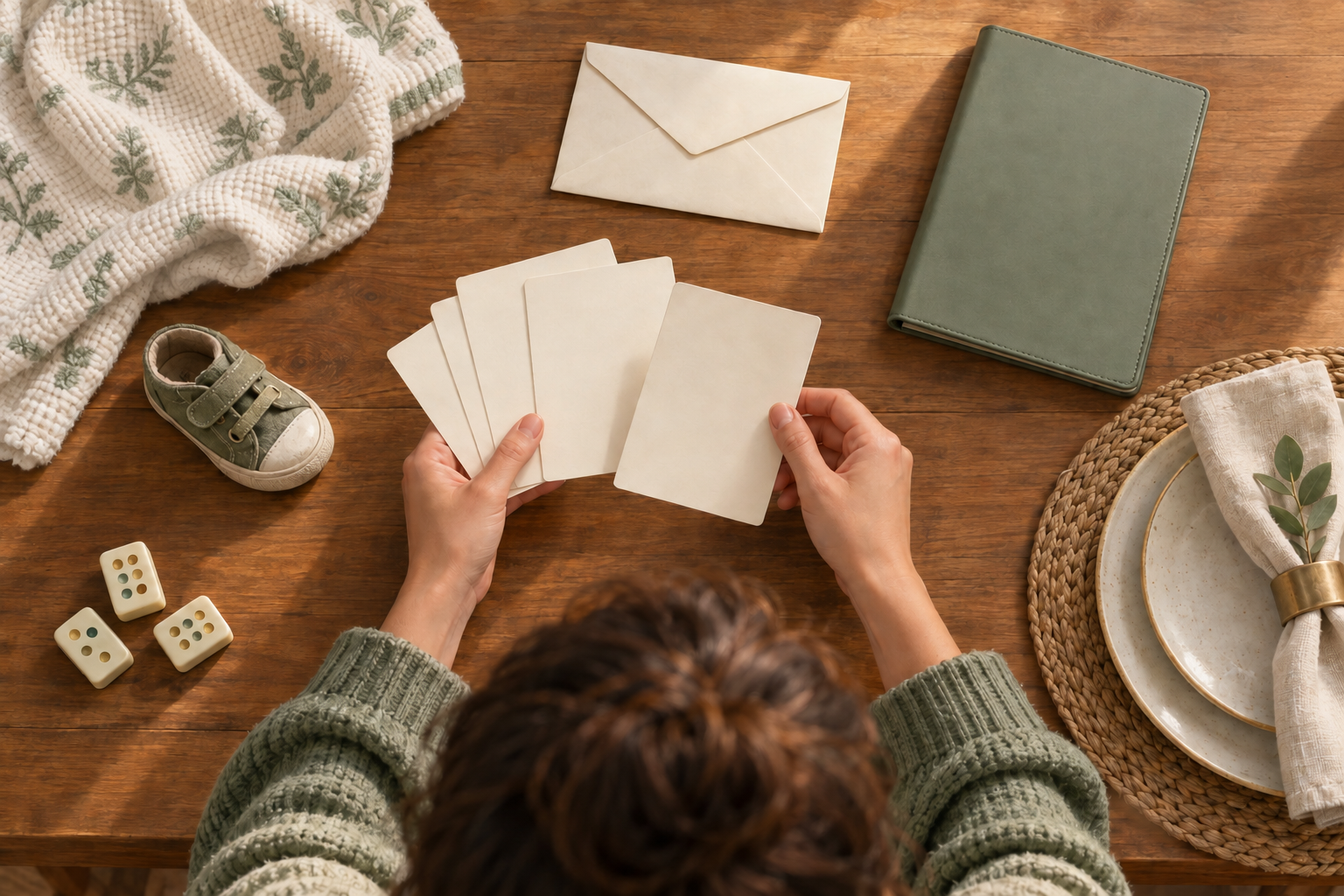 A parent considers blank cards at a kitchen table surrounded by baby, school, mail, work, and social objects, with game tiles nearby.