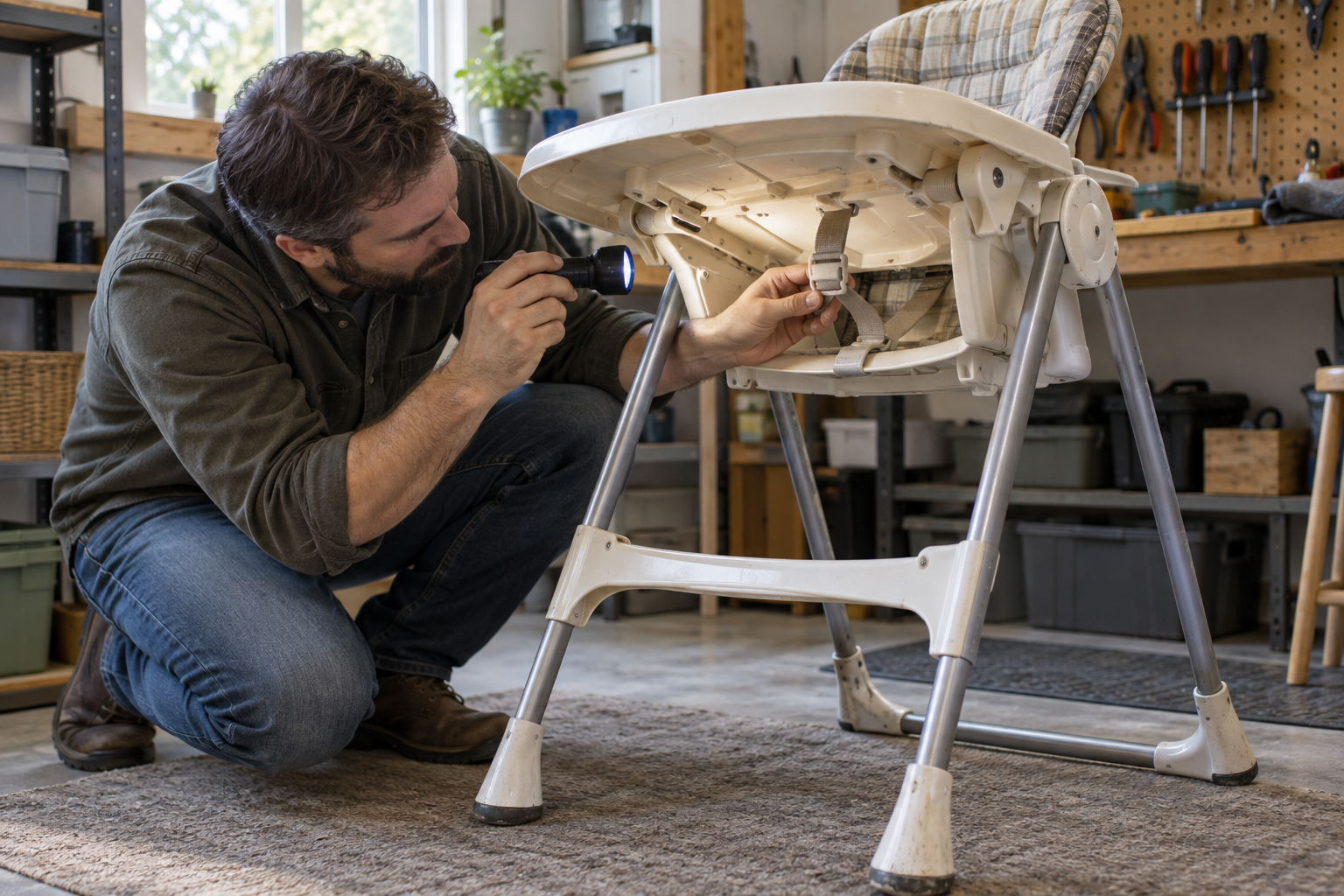 An adult uses a flashlight to inspect the buckle, fasteners, tray catches, joints, and feet of a used high chair.