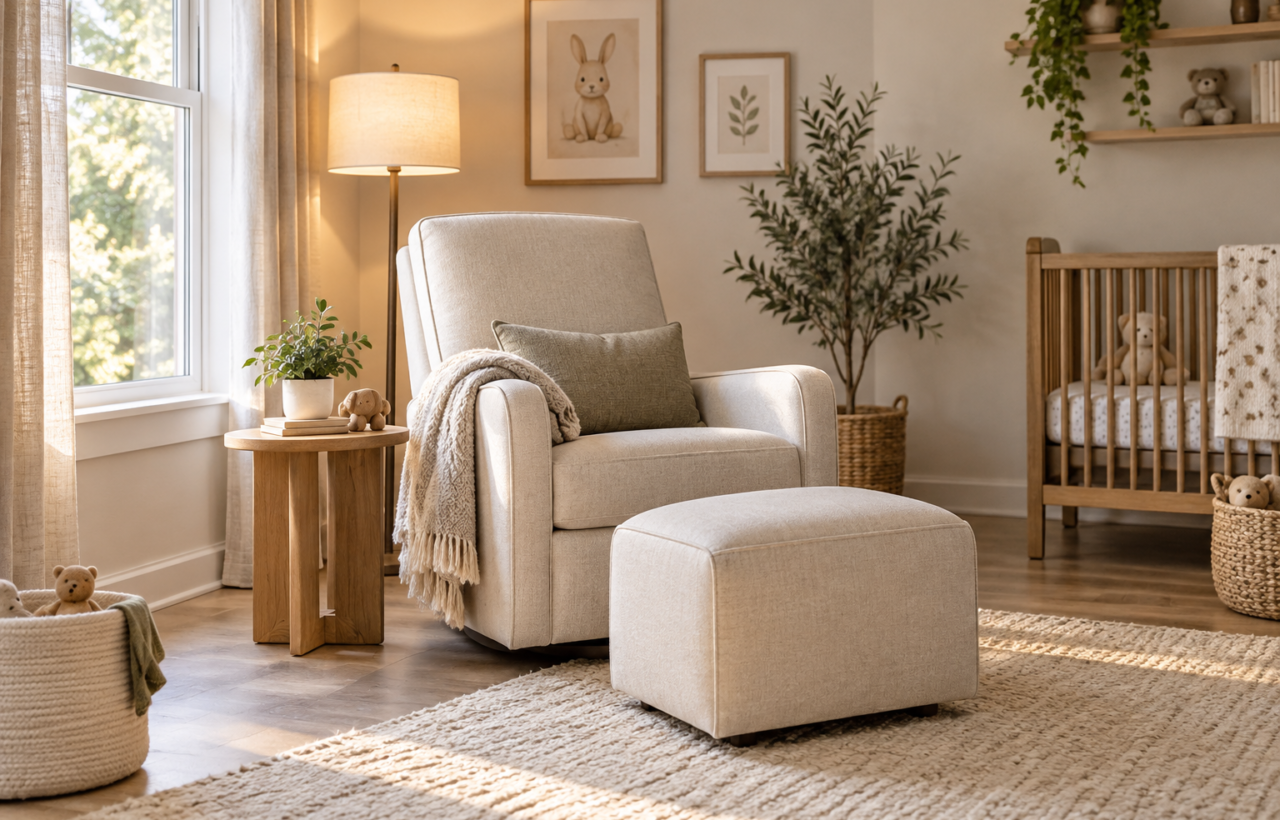 Upholstered nursery glider with an ottoman, side table and lamp in a softly lit nursery corner.