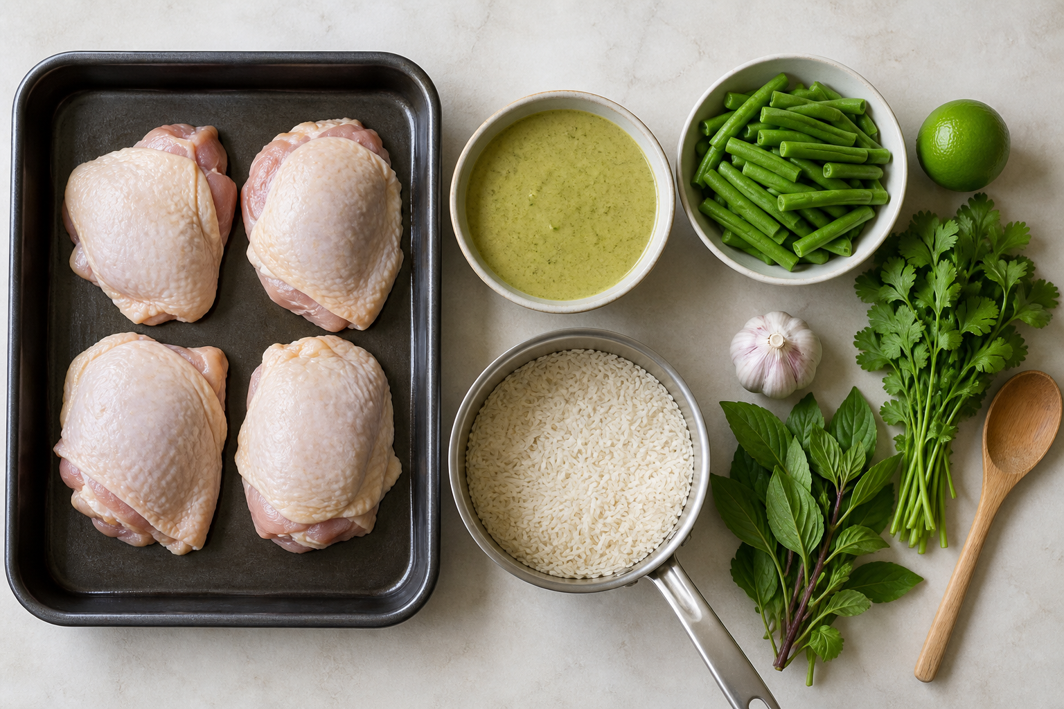 Chicken thighs, green curry sauce, jasmine rice, herbs and vegetables arranged on a kitchen counter before cooking.